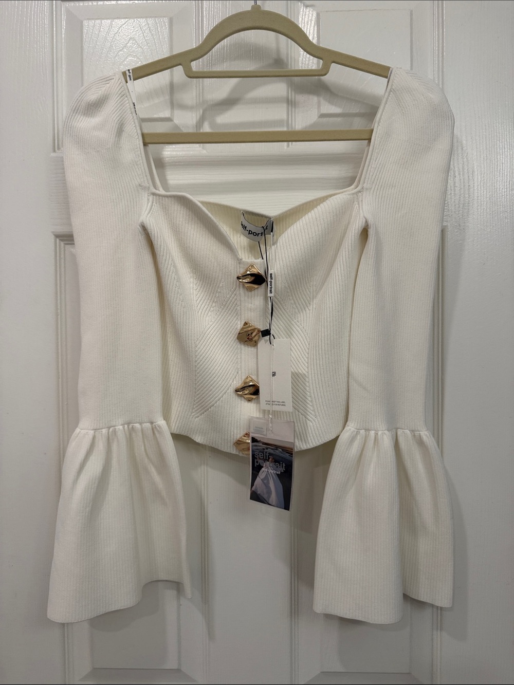 NWT Self-Portrait Cream Ribbed Bell-Sleeve Corset Cardigan Gold Buttons Sz M